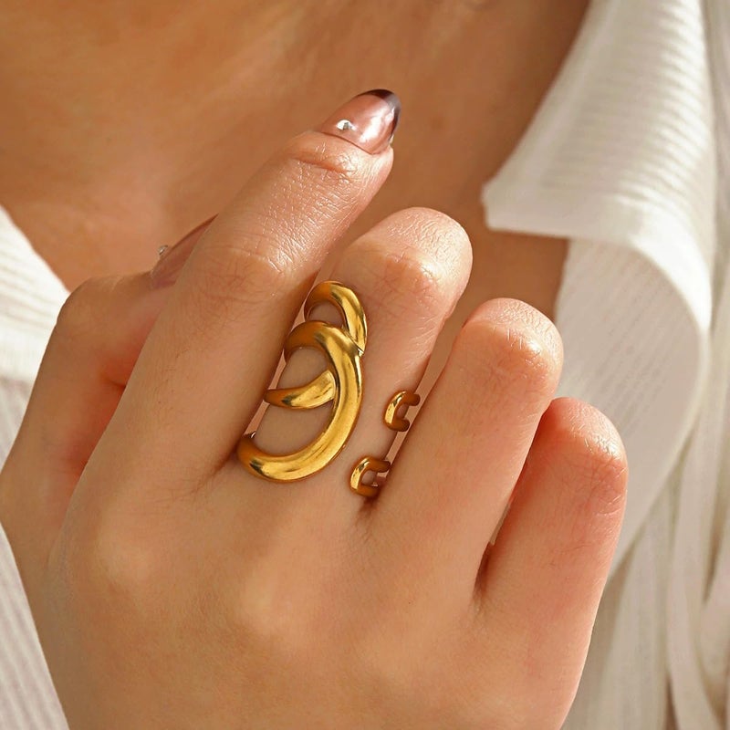 AiTURE Chunky Rings For Women, Gold Silver Thumb Ring Asymmetrical Wavy Curve Ring Adjustable Non Tarnish Dainty Stainless Steel New Year Anniversary Birthday Jewelry Gift - Image 1